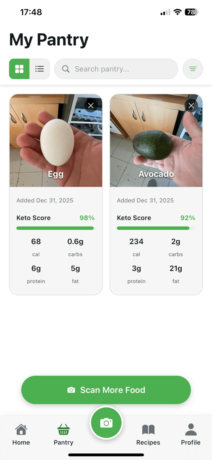 Build Your Pantry screen in the KetoSnap AI app